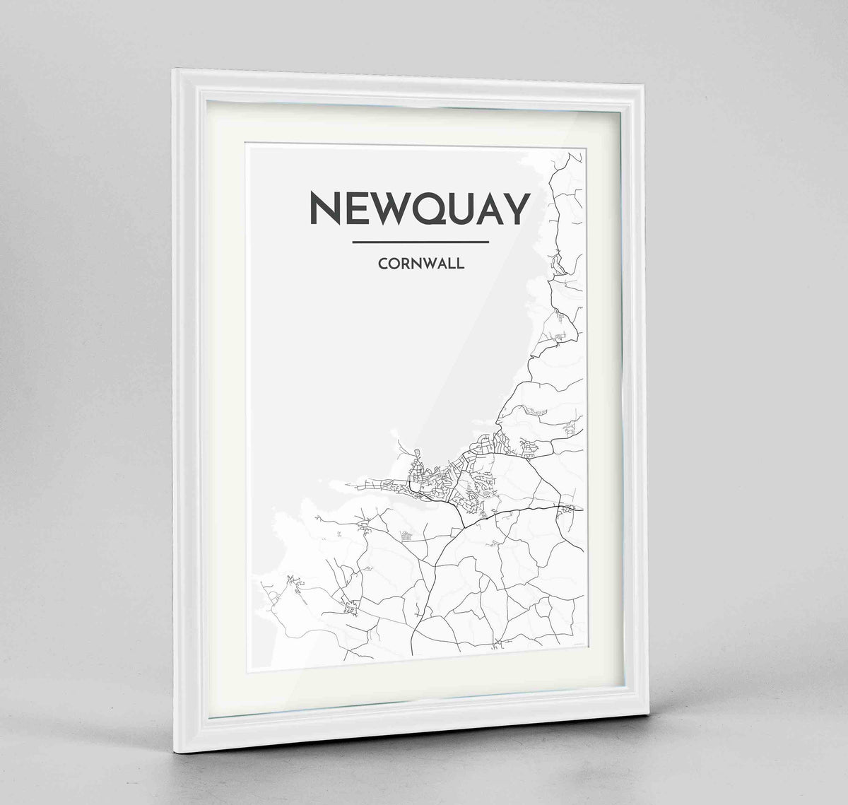 Framed Newquay Map Art Print 24x36&quot; Traditional White frame Point Two Design Group