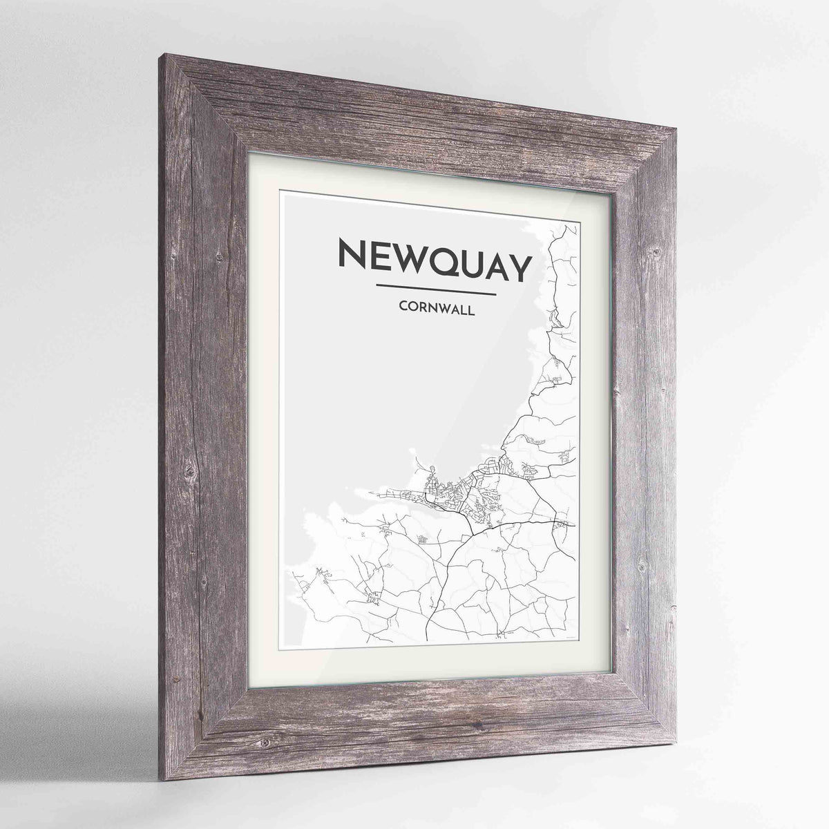 Framed Newquay Map Art Print 24x36&quot; Western Grey frame Point Two Design Group