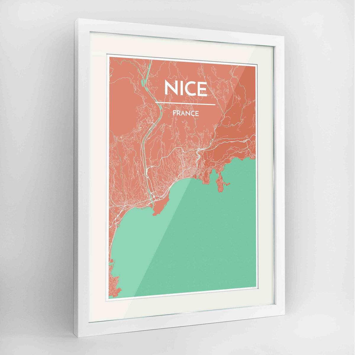 Framed Nice Map Art Print 24x36&quot; Contemporary White frame Point Two Design Group