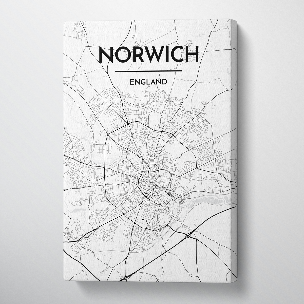 Norwich City Map Canvas Wrap - Point Two Design - Black &amp; White Print