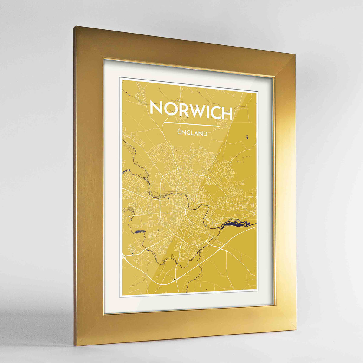 Framed Norwich Map Art Print 24x36&quot; Gold frame Point Two Design Group