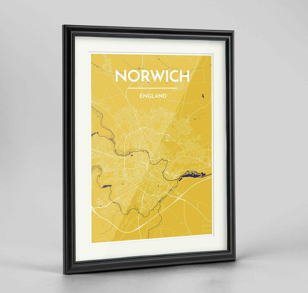 Framed Norwich Map Art Print 24x36&quot; Traditional Black frame Point Two Design Group