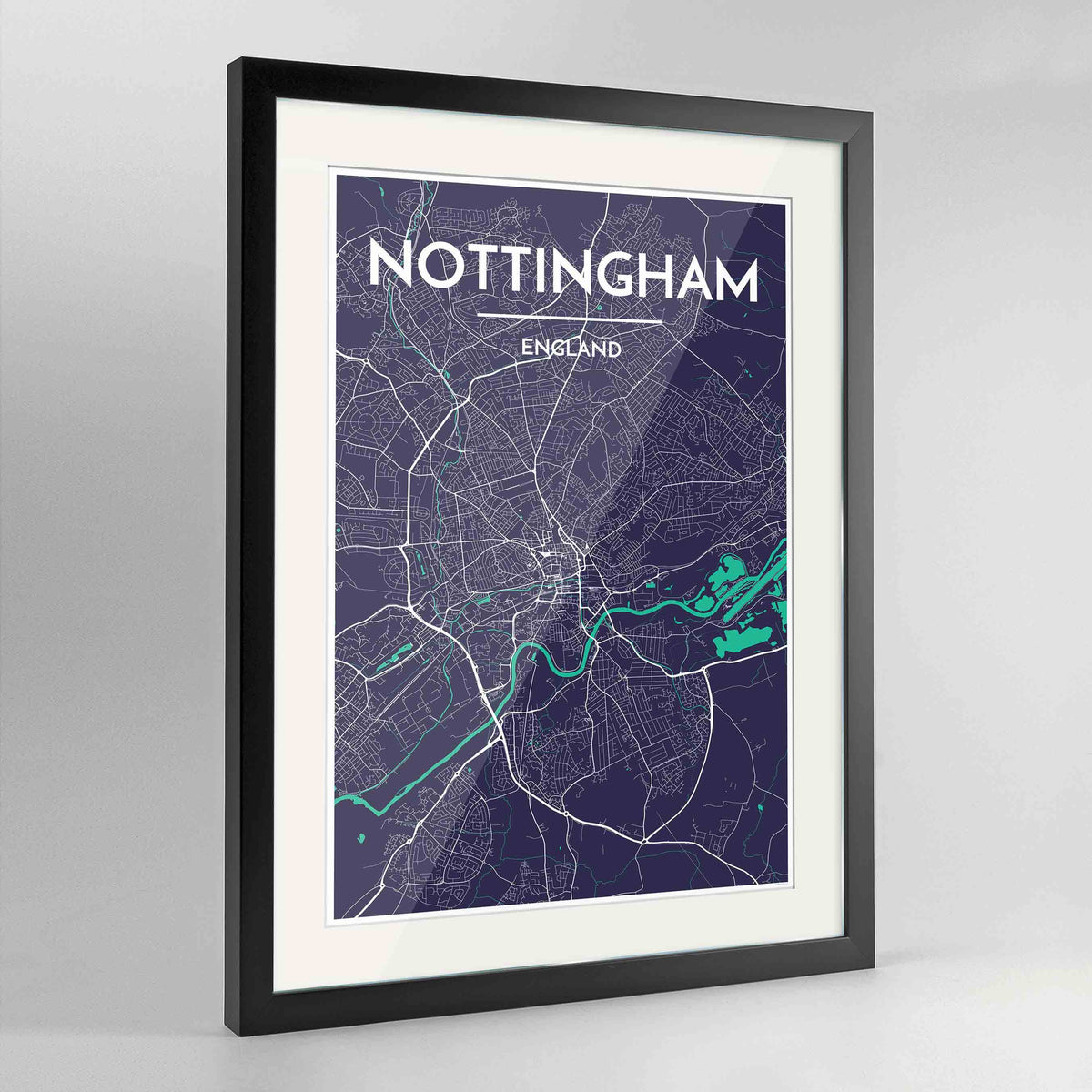 Framed Nottingham Map Art Print 24x36&quot; Contemporary Black frame Point Two Design Group