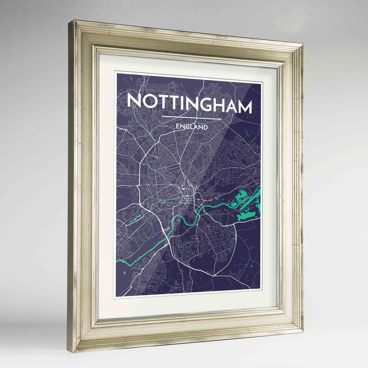 Framed Nottingham Map Art Print 24x36&quot; Champagne frame Point Two Design Group