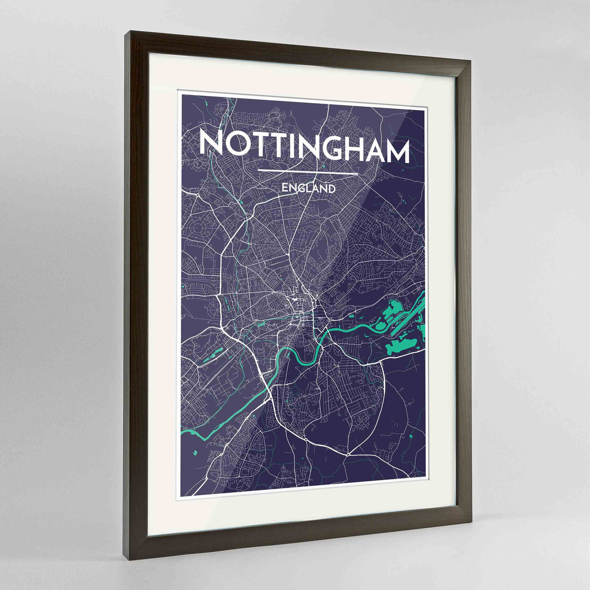 Framed Nottingham Map Art Print 24x36&quot; Contemporary Walnut frame Point Two Design Group