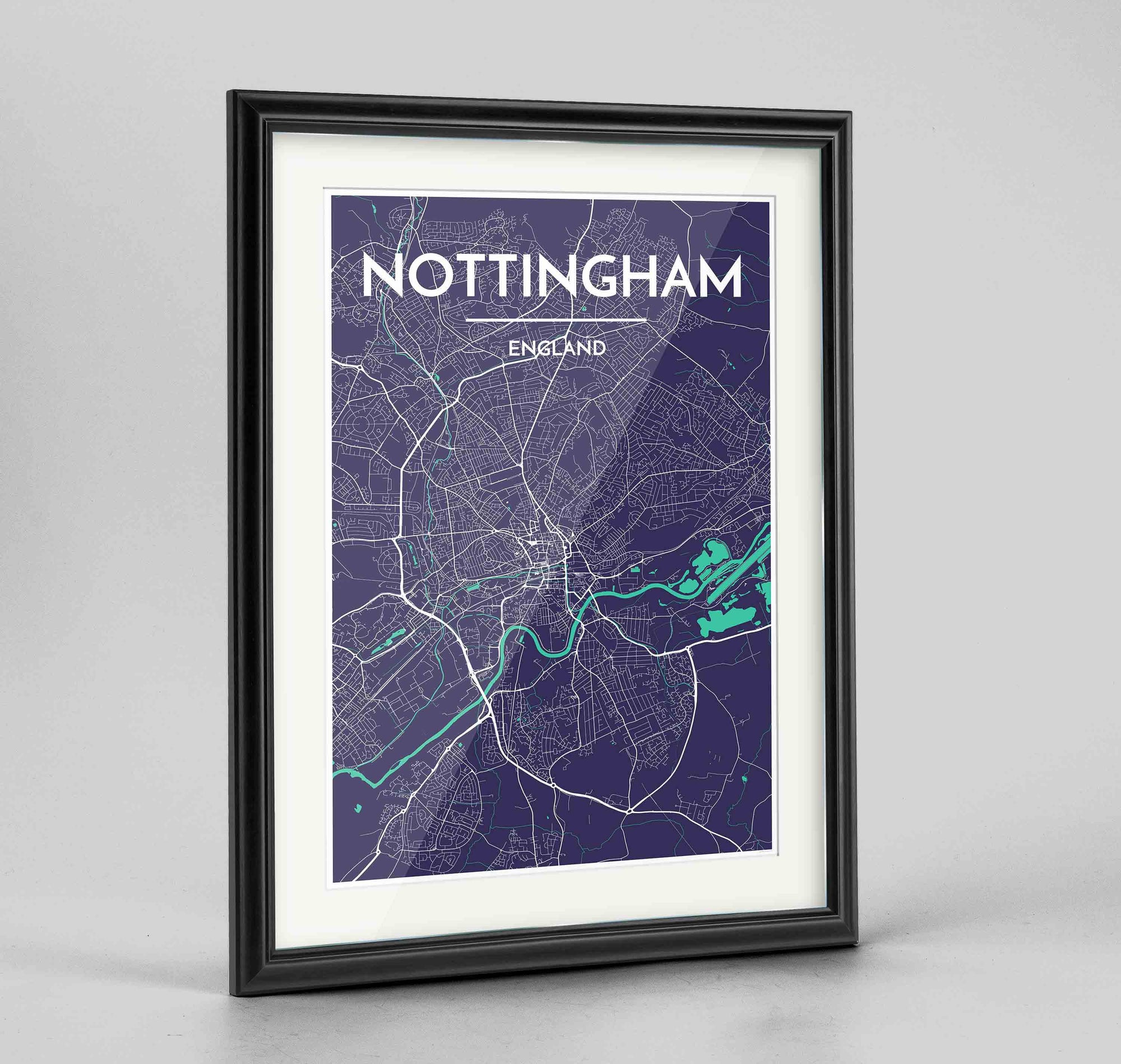 Framed Nottingham Map Art Print 24x36" Traditional Black frame Point Two Design Group