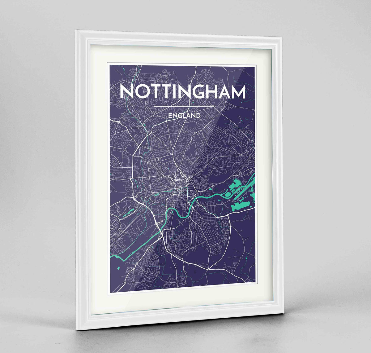 Framed Nottingham Map Art Print 24x36&quot; Traditional White frame Point Two Design Group