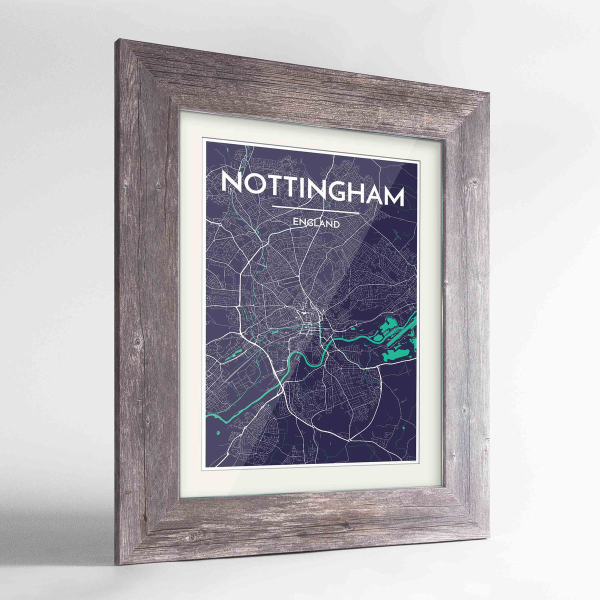 Framed Nottingham Map Art Print 24x36&quot; Western Grey frame Point Two Design Group