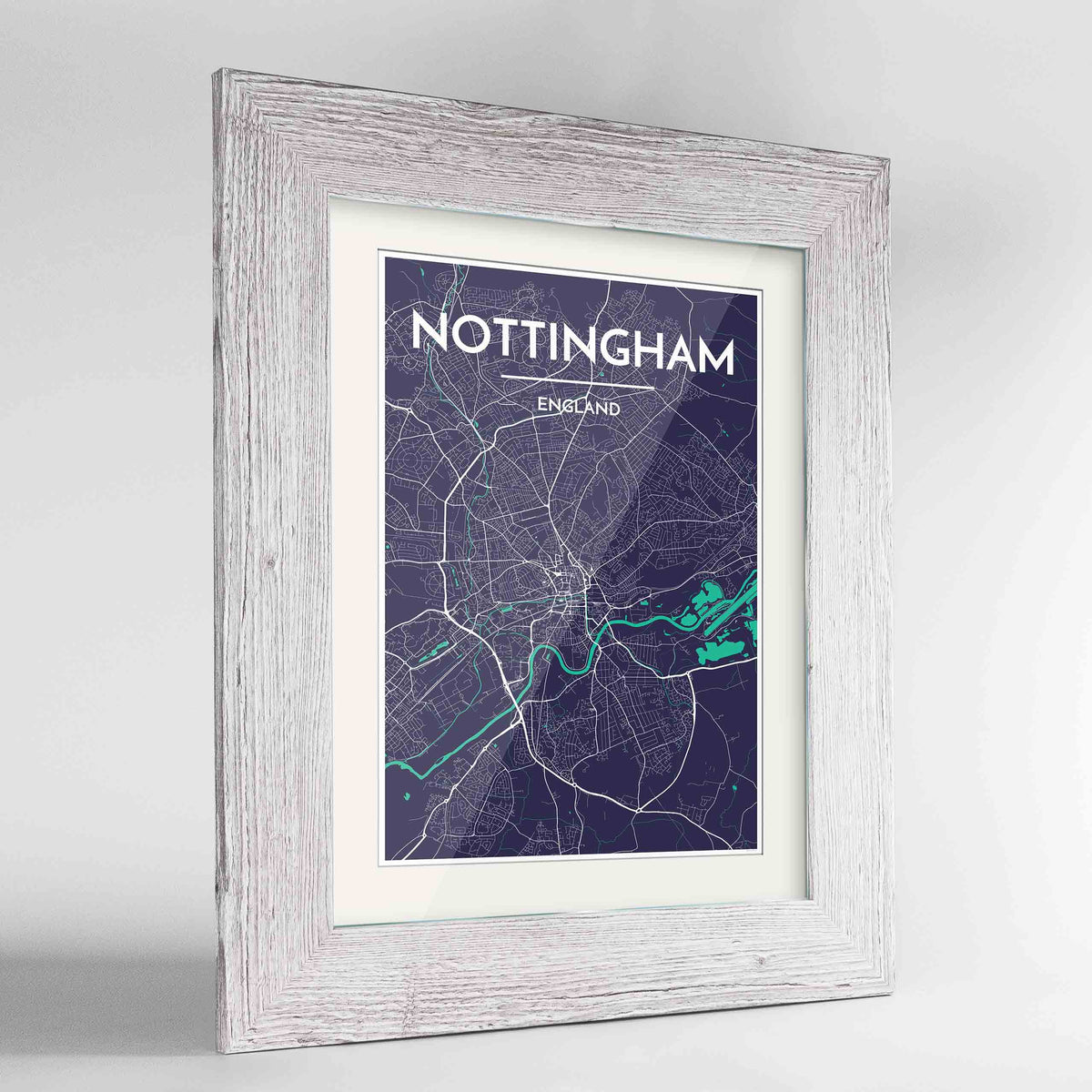 Framed Nottingham Map Art Print 24x36&quot; Western White frame Point Two Design Group