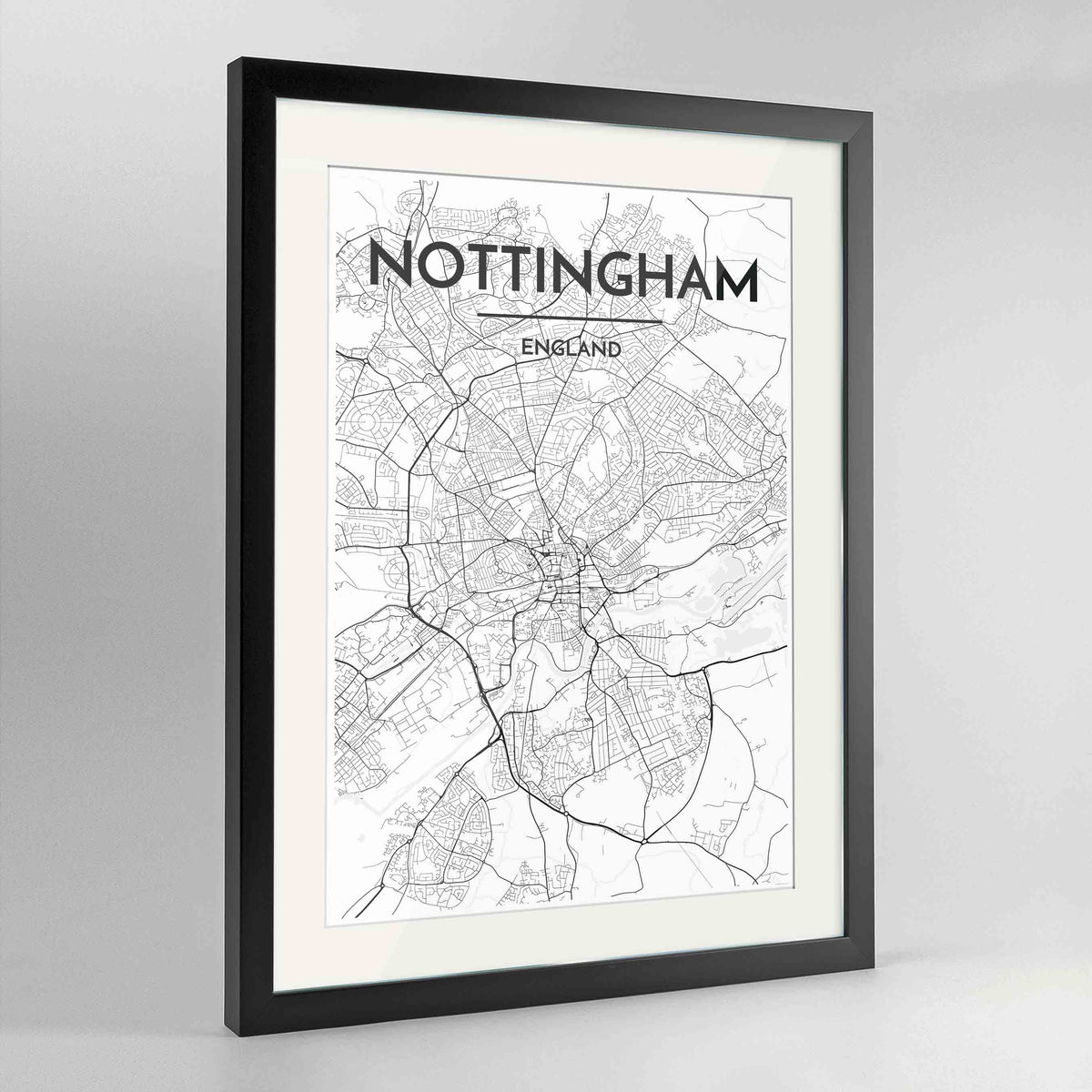 Framed Nottingham Map Art Print 24x36&quot; Contemporary Black frame Point Two Design Group