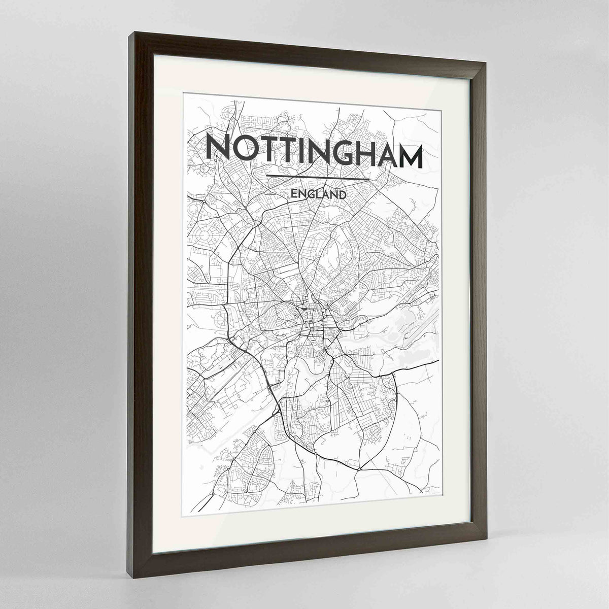 Framed Nottingham Map Art Print 24x36&quot; Contemporary Walnut frame Point Two Design Group