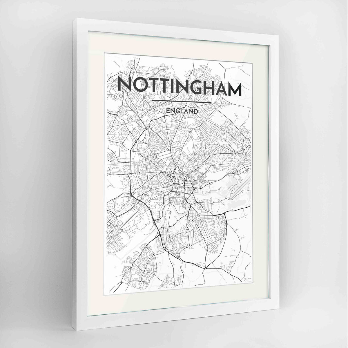 Framed Nottingham Map Art Print 24x36&quot; Contemporary White frame Point Two Design Group