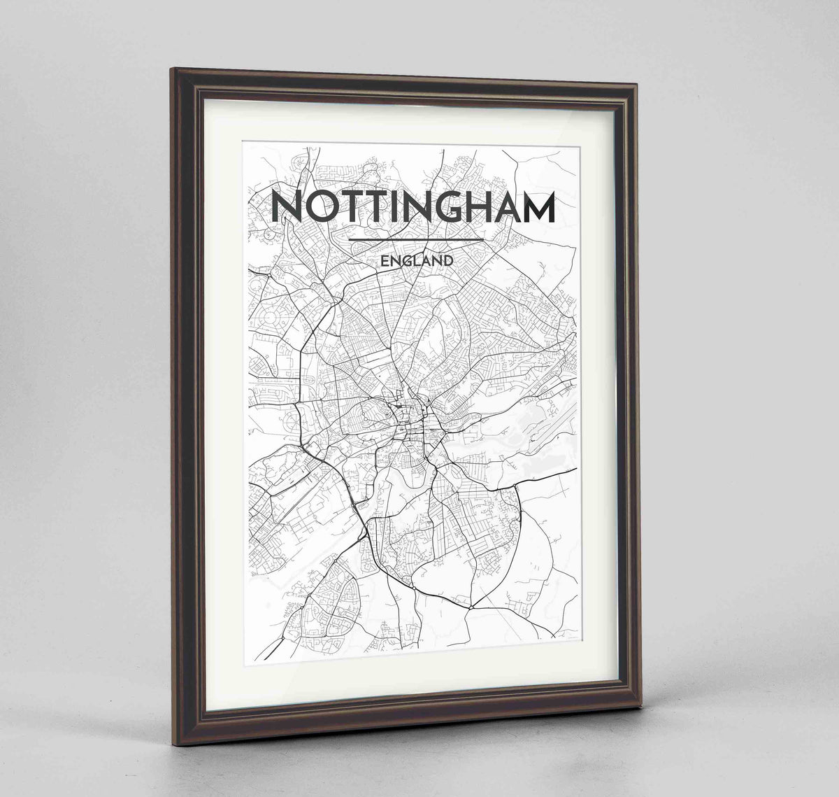 Framed Nottingham Map Art Print 24x36&quot; Traditional Walnut frame Point Two Design Group