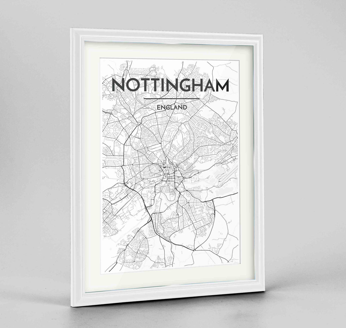 Framed Nottingham Map Art Print 24x36&quot; Traditional White frame Point Two Design Group