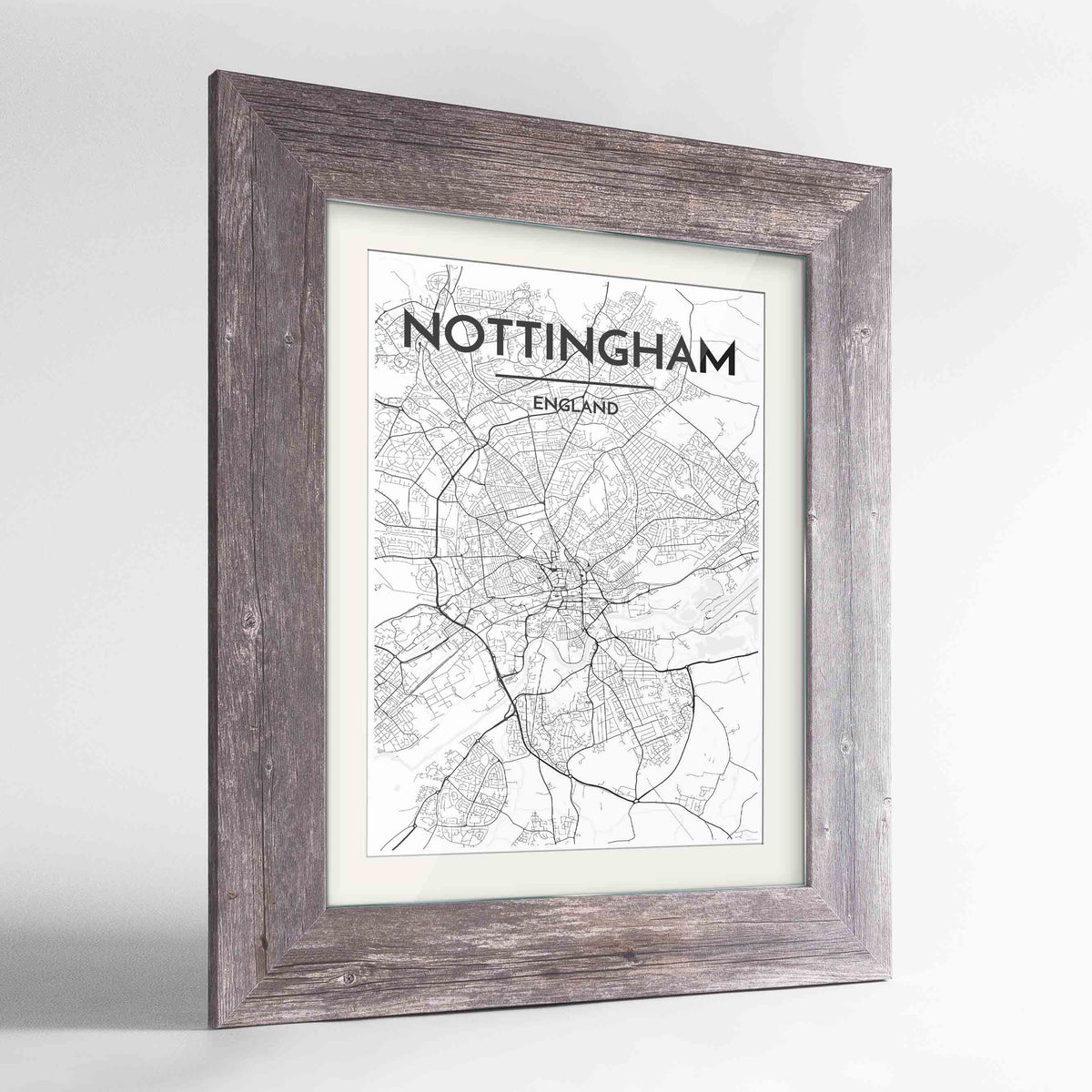 Framed Nottingham Map Art Print 24x36&quot; Western Grey frame Point Two Design Group
