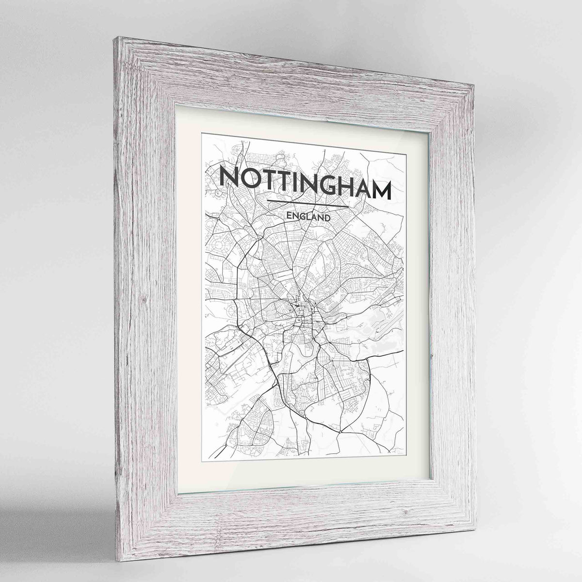 Framed Nottingham Map Art Print 24x36&quot; Western White frame Point Two Design Group