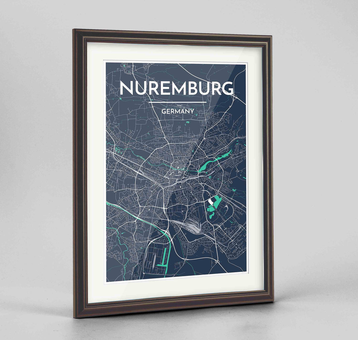 Framed Nuremburg Map Art Print 24x36&quot; Traditional Walnut frame Point Two Design Group