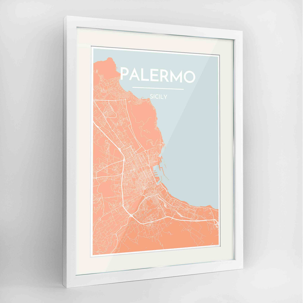 Framed Palermo Map Art Print 24x36&quot; Contemporary White frame Point Two Design Group