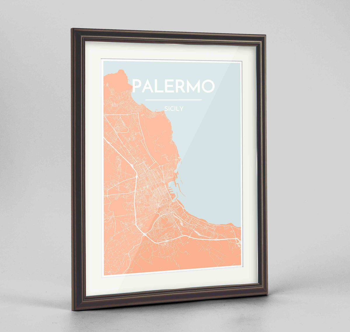 Framed Palermo Map Art Print 24x36&quot; Traditional Walnut frame Point Two Design Group