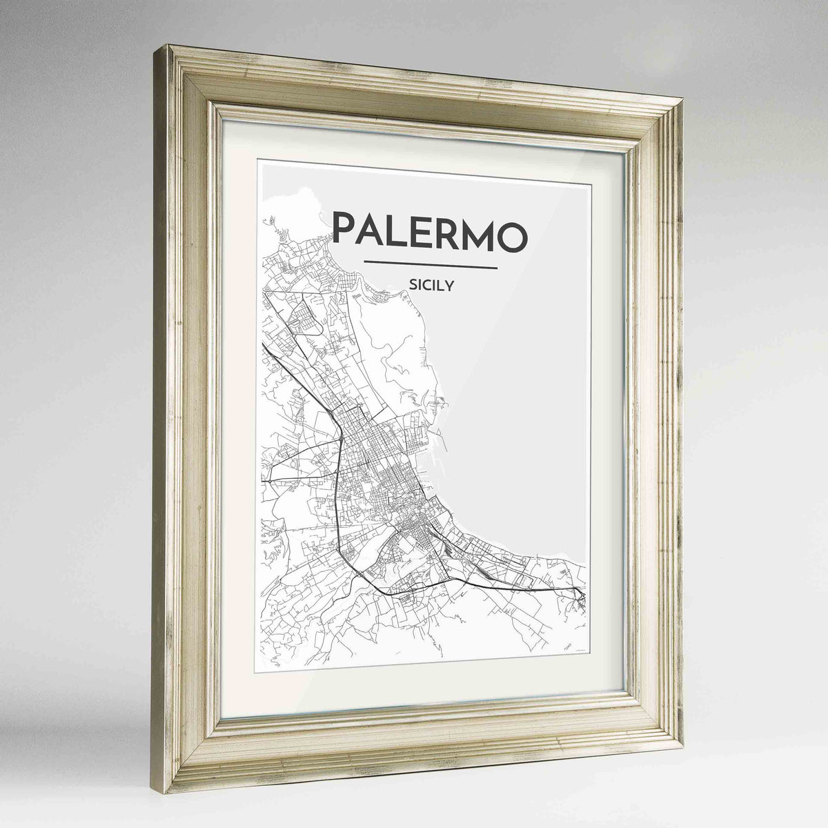 Framed Palermo Map Art Print 24x36&quot; Champagne frame Point Two Design Group