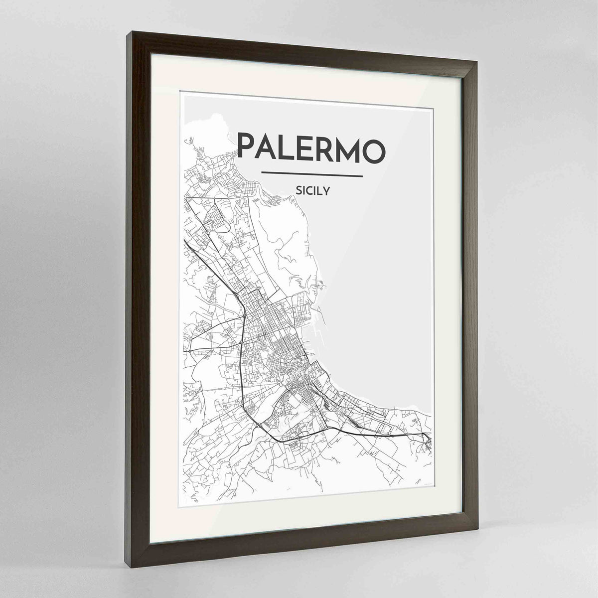 Framed Palermo Map Art Print 24x36&quot; Contemporary Walnut frame Point Two Design Group