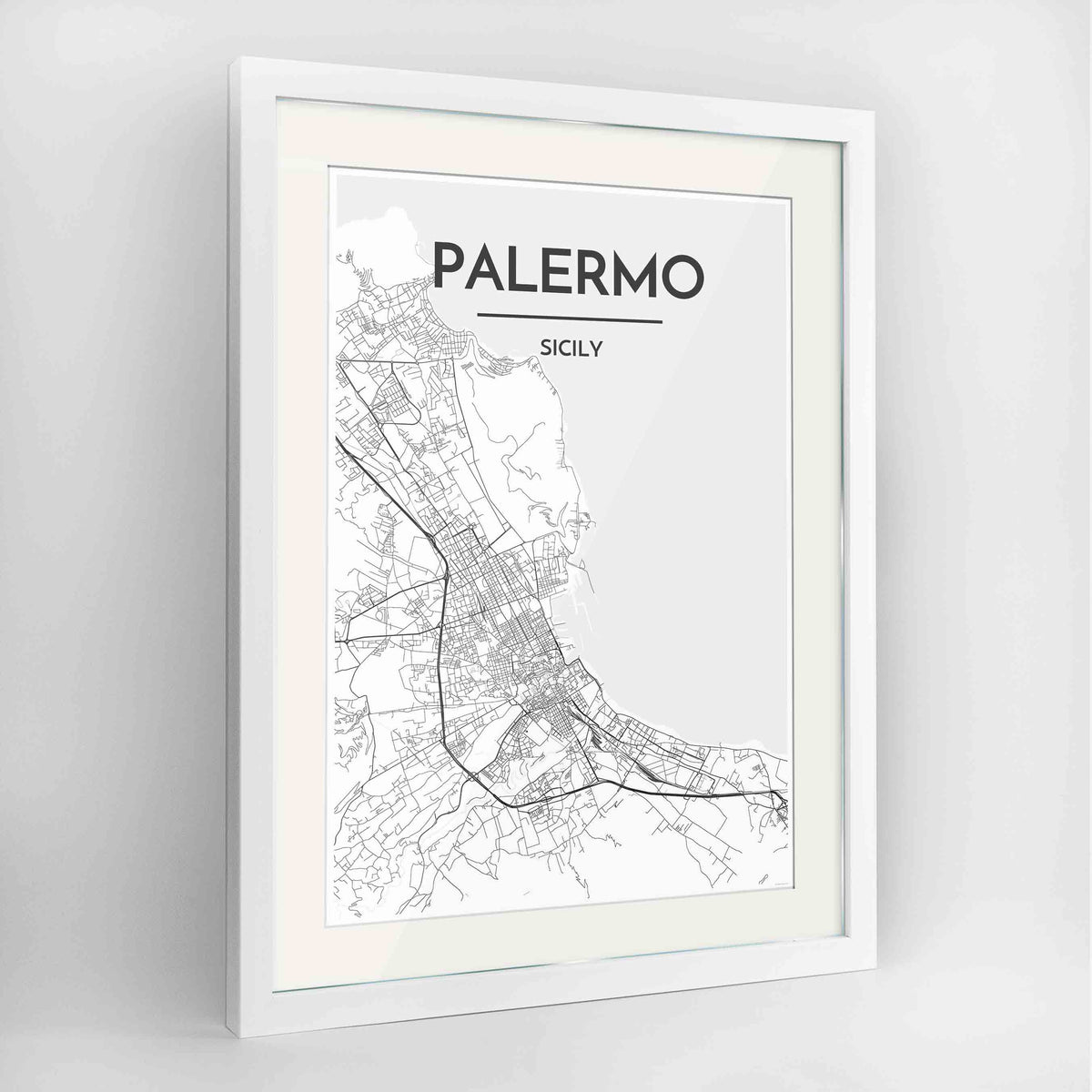 Framed Palermo Map Art Print 24x36&quot; Contemporary White frame Point Two Design Group