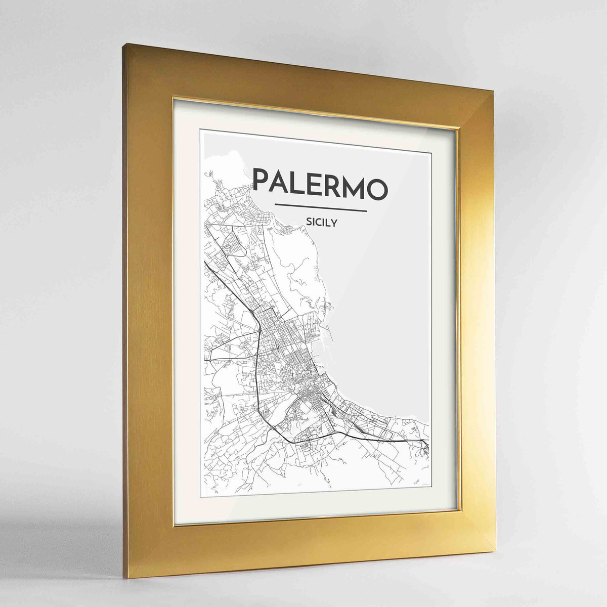 Framed Palermo Map Art Print 24x36&quot; Gold frame Point Two Design Group