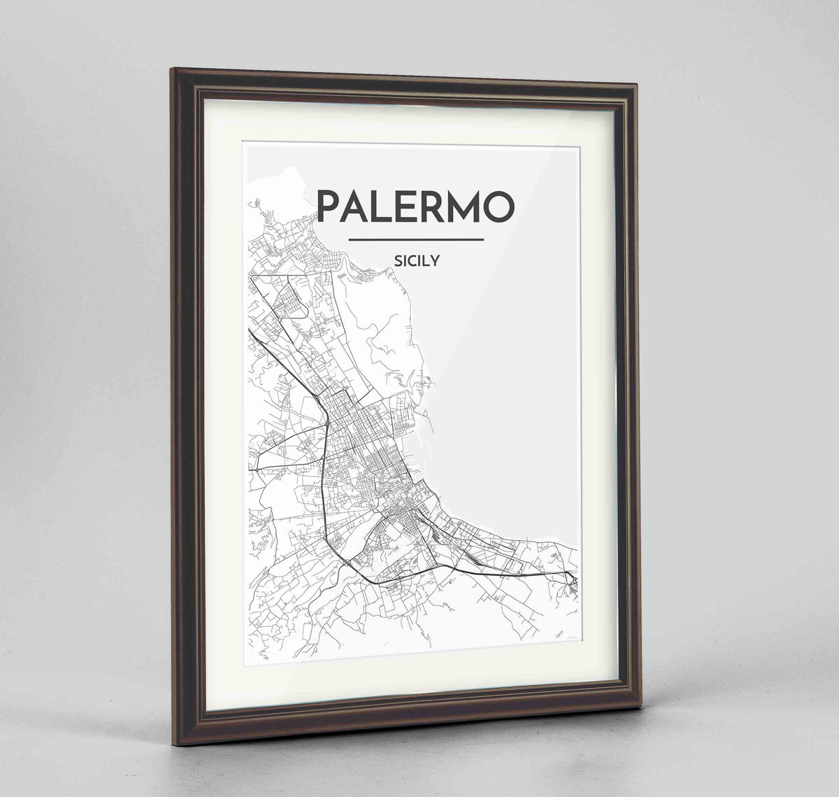 Framed Palermo Map Art Print 24x36&quot; Traditional Walnut frame Point Two Design Group