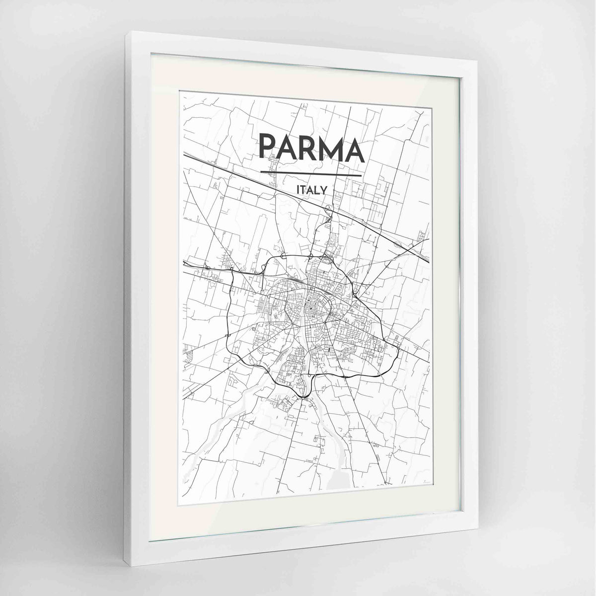 Framed Parma Map Art Print 24x36&quot; Contemporary White frame Point Two Design Group