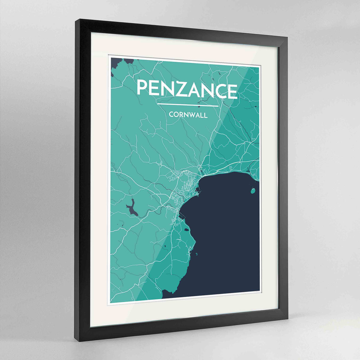 Framed Penzance Map Art Print 24x36&quot; Contemporary Black frame Point Two Design Group