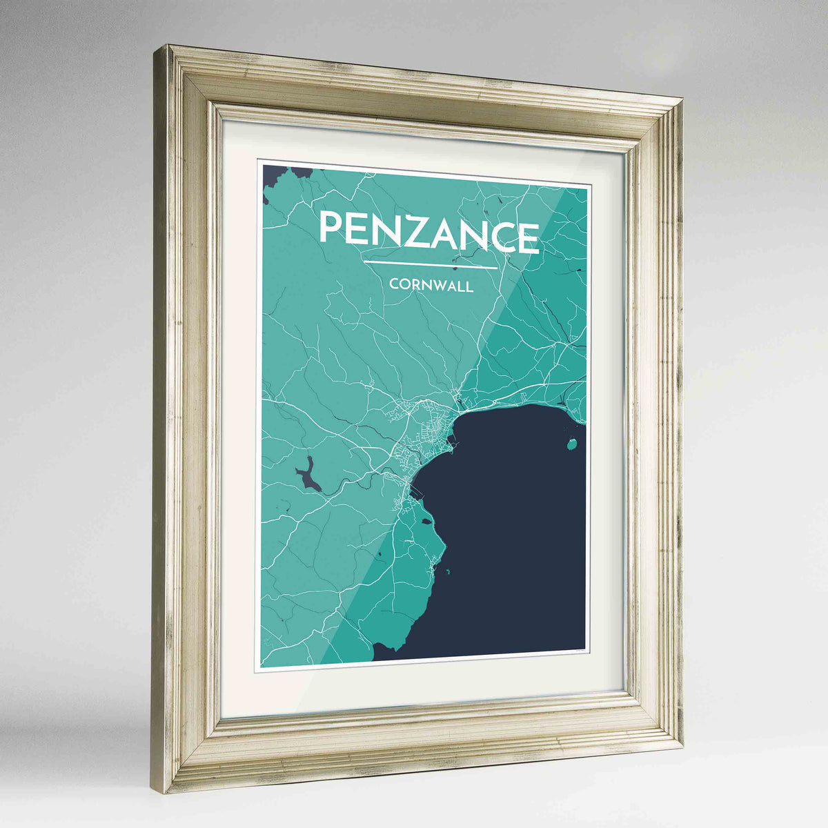 Framed Penzance Map Art Print 24x36&quot; Champagne frame Point Two Design Group