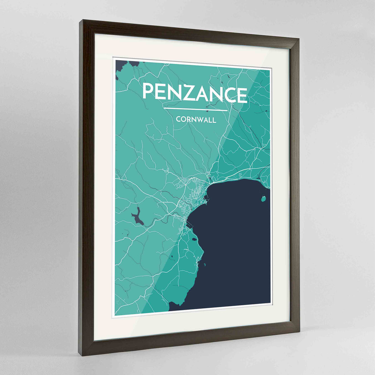 Framed Penzance Map Art Print 24x36&quot; Contemporary Walnut frame Point Two Design Group