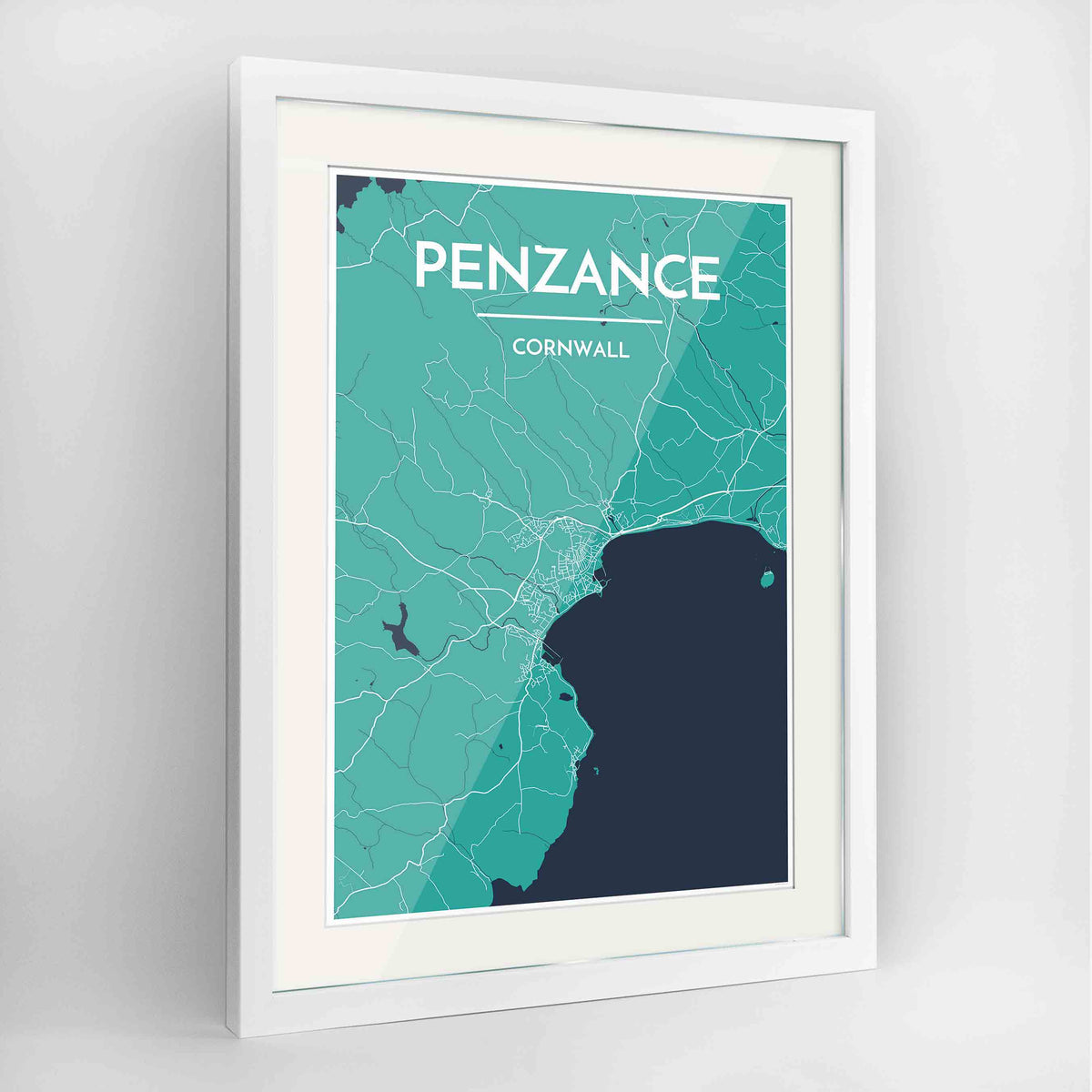 Framed Penzance Map Art Print 24x36&quot; Contemporary White frame Point Two Design Group