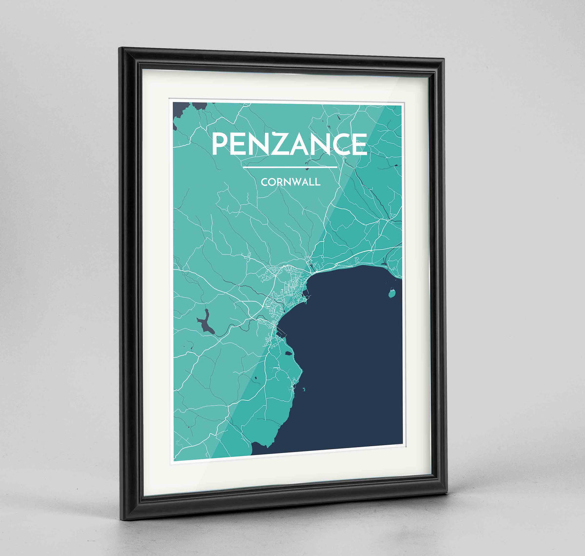 Framed Penzance Map Art Print 24x36&quot; Traditional Black frame Point Two Design Group