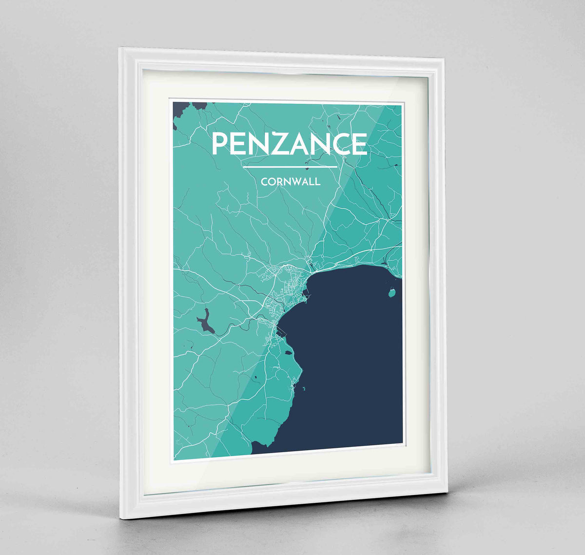 Framed Penzance Map Art Print 24x36&quot; Traditional White frame Point Two Design Group