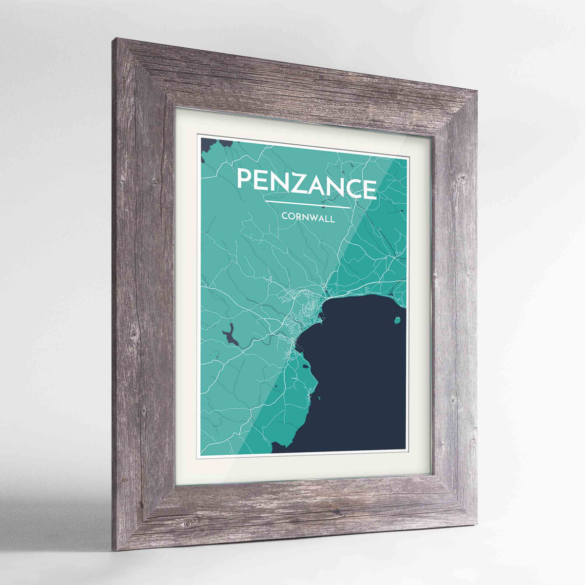 Framed Penzance Map Art Print 24x36&quot; Western Grey frame Point Two Design Group