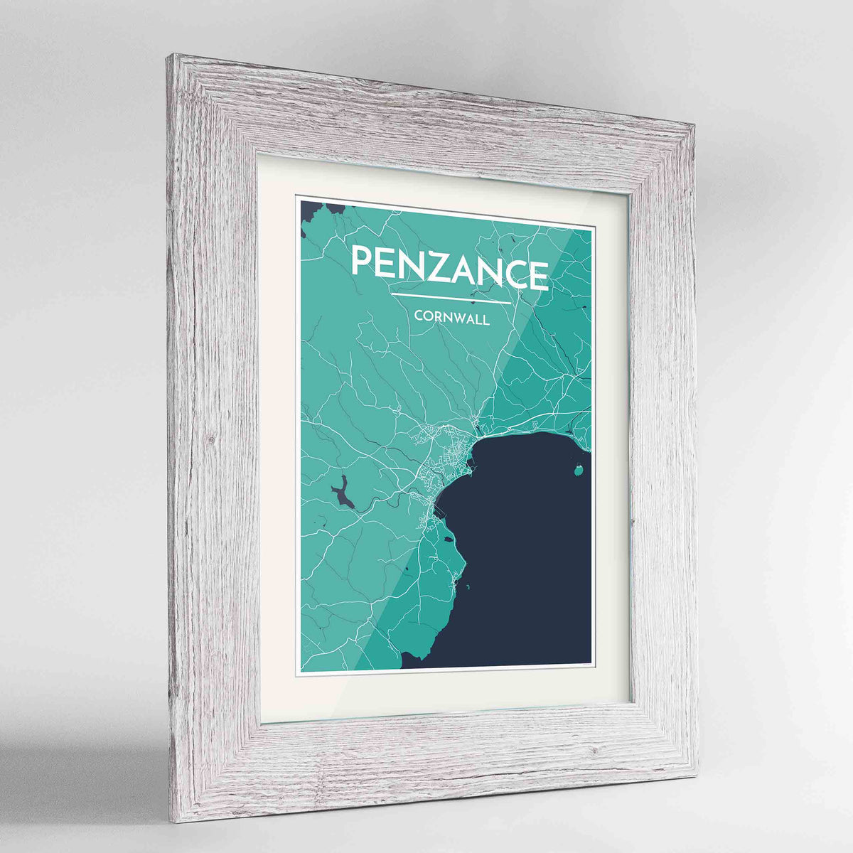 Framed Penzance Map Art Print 24x36&quot; Western White frame Point Two Design Group
