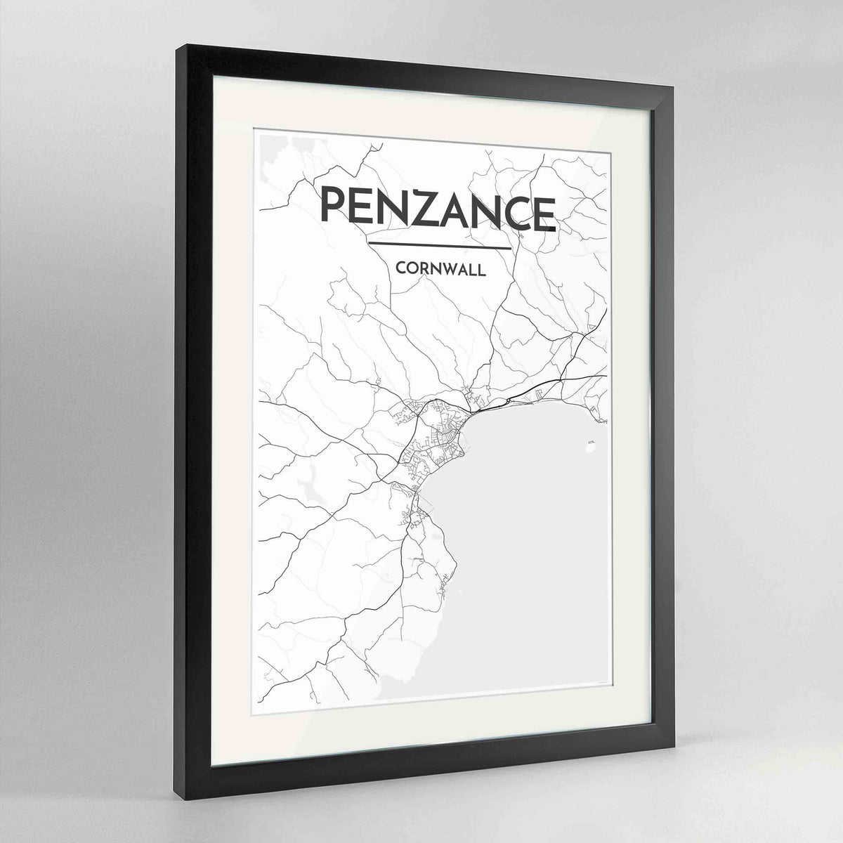 Framed Penzance Map Art Print 24x36&quot; Contemporary Black frame Point Two Design Group