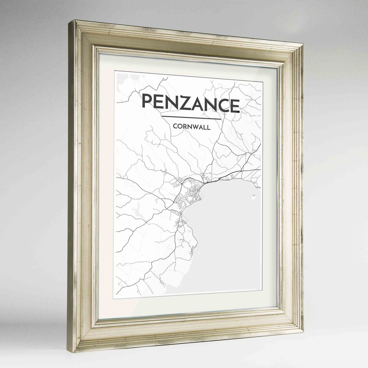 Framed Penzance Map Art Print 24x36&quot; Champagne frame Point Two Design Group