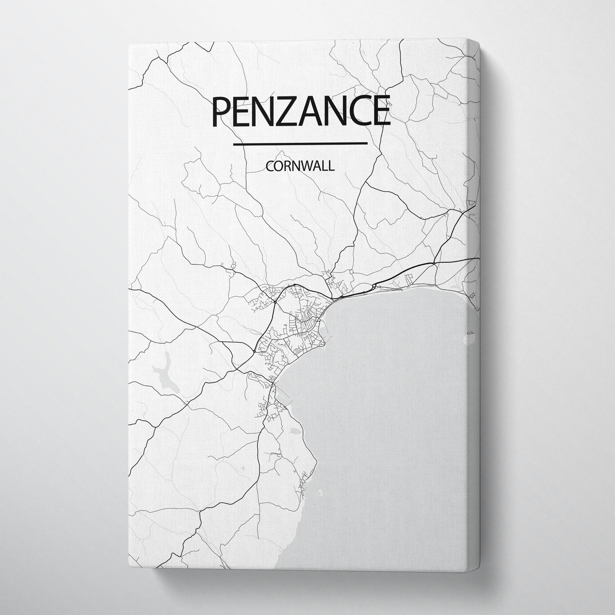 Penzance City Map Canvas Wrap - Point Two Design - Black &amp; White Print