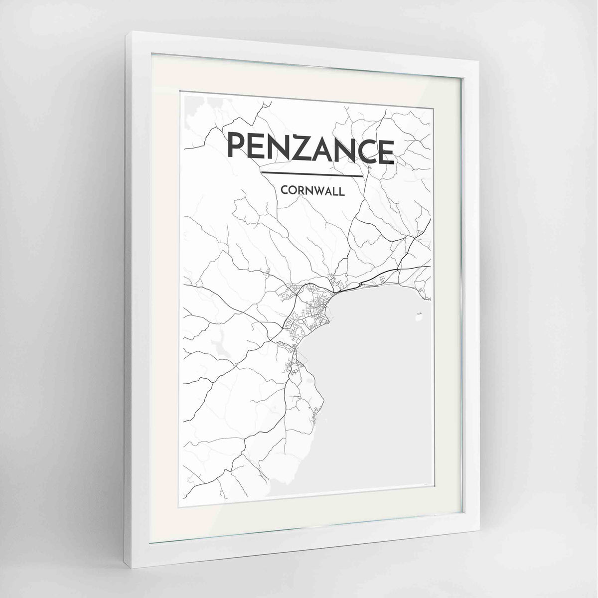 Framed Penzance Map Art Print 24x36&quot; Contemporary White frame Point Two Design Group