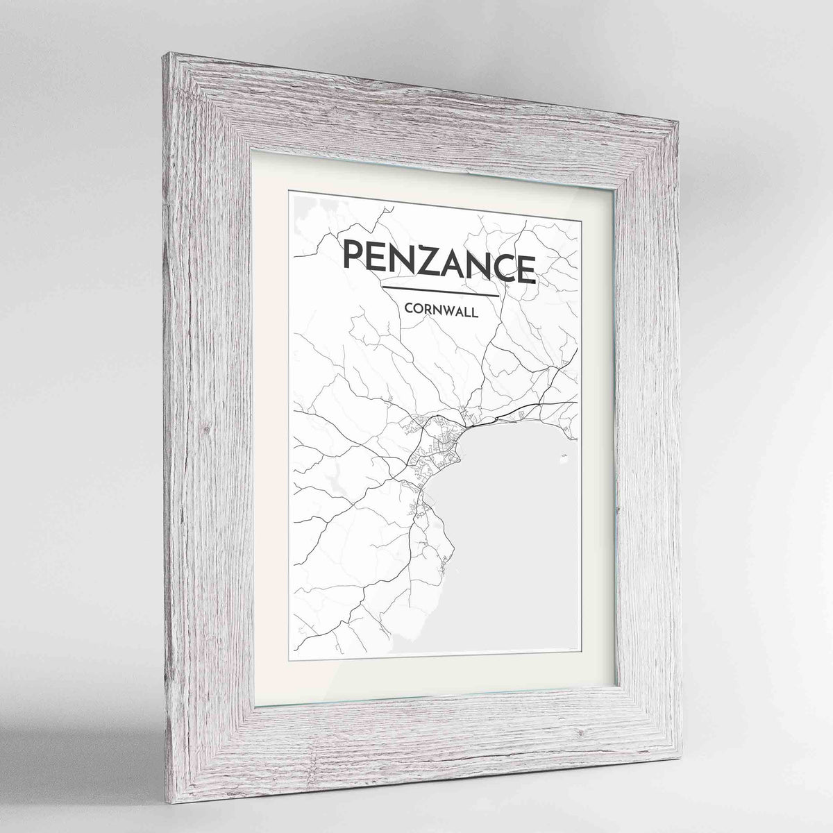 Framed Penzance Map Art Print 24x36&quot; Western White frame Point Two Design Group