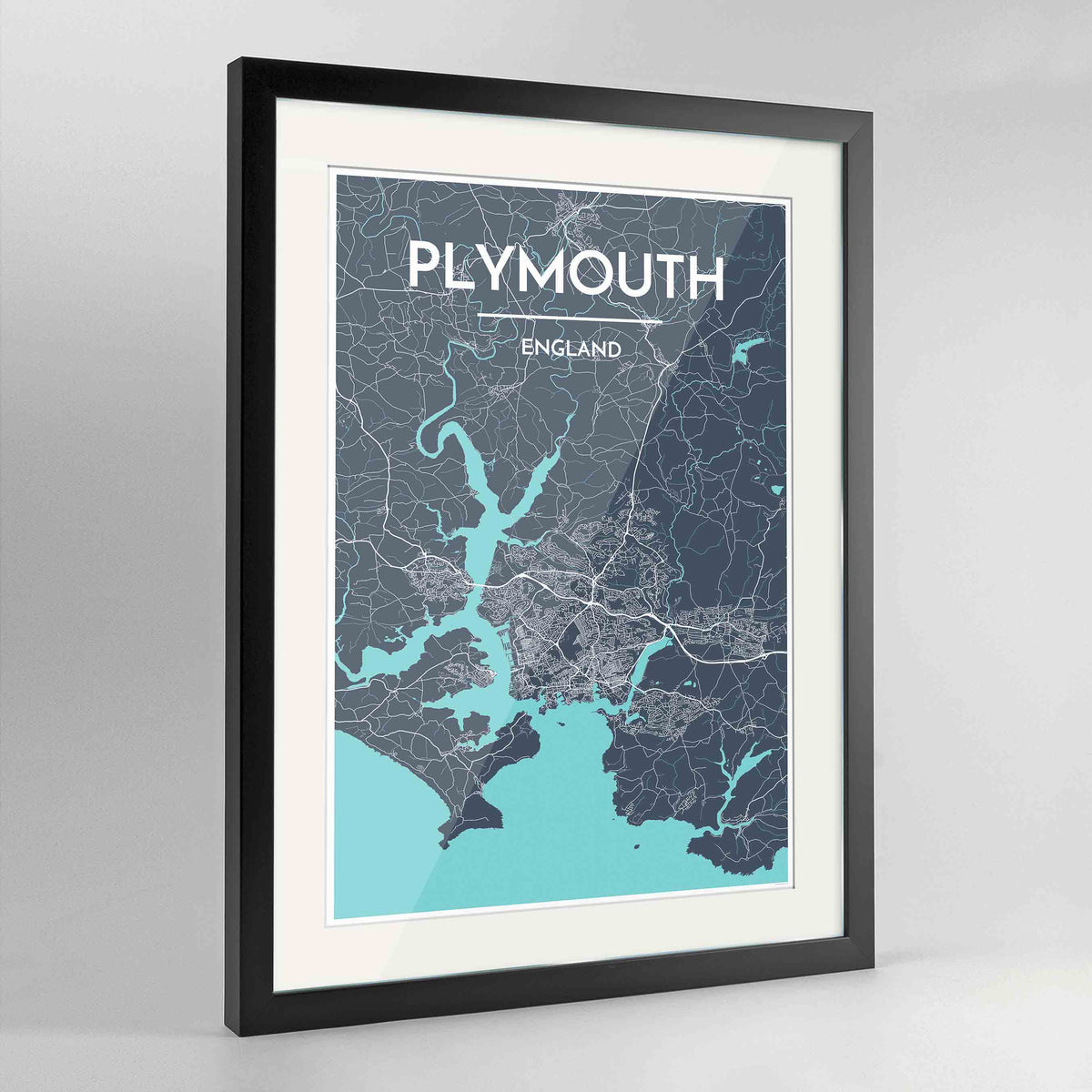 Framed Plymouth Map Art Print 24x36&quot; Contemporary Black frame Point Two Design Group