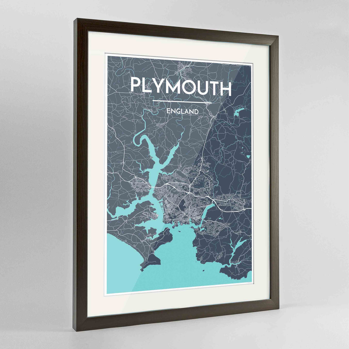 Framed Plymouth Map Art Print 24x36&quot; Contemporary Walnut frame Point Two Design Group