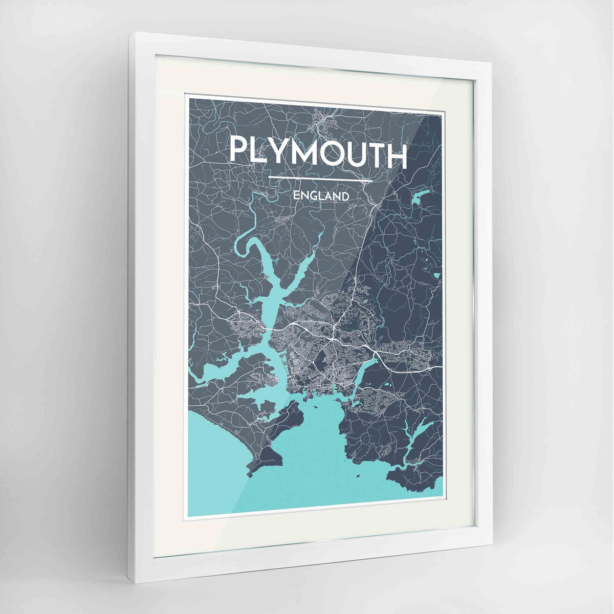 Framed Plymouth Map Art Print 24x36&quot; Contemporary White frame Point Two Design Group