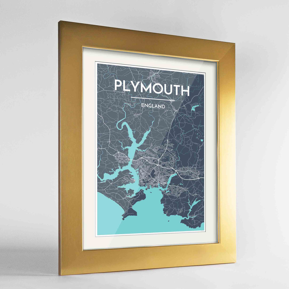 Framed Plymouth Map Art Print 24x36&quot; Gold frame Point Two Design Group