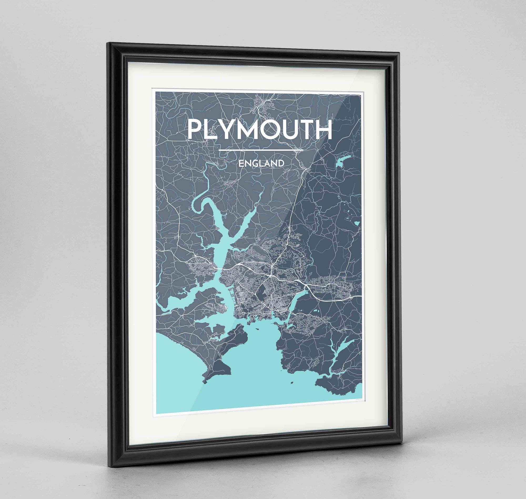 Framed Plymouth Map Art Print 24x36" Traditional Black frame Point Two Design Group