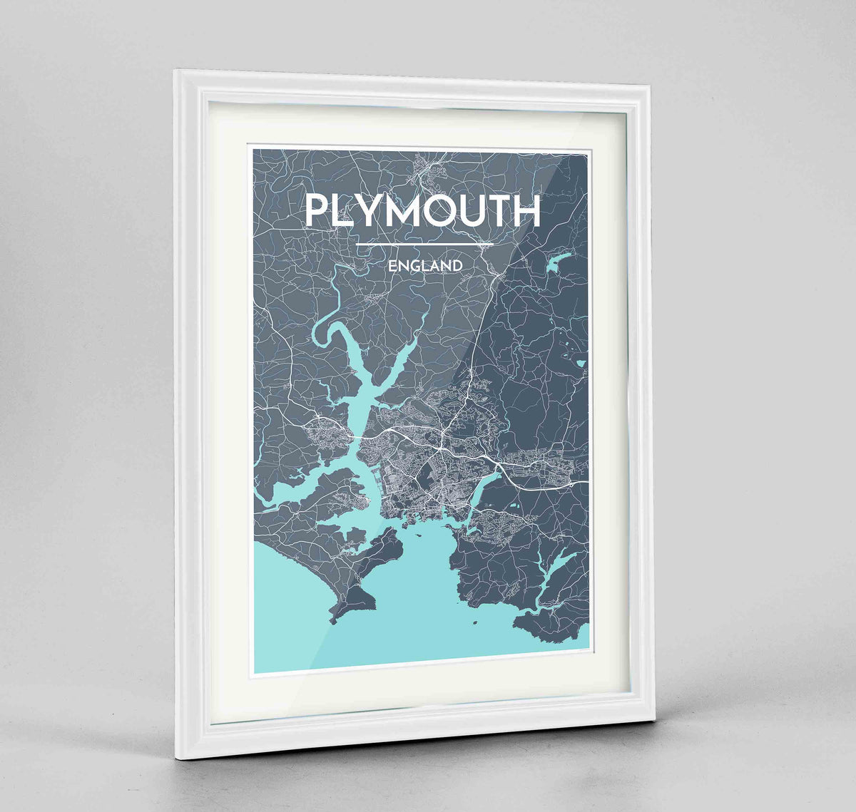 Framed Plymouth Map Art Print 24x36&quot; Traditional White frame Point Two Design Group