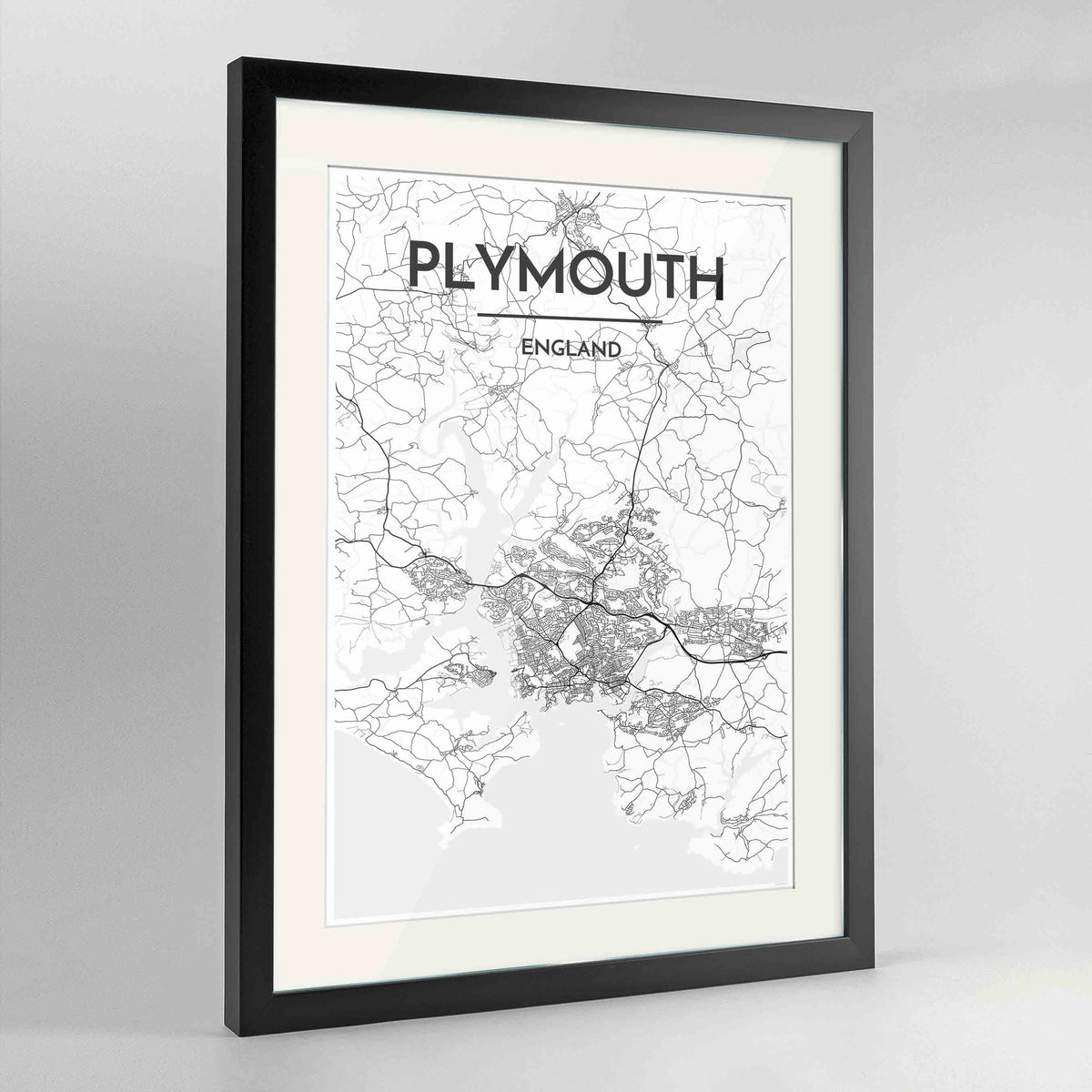 Framed Plymouth Map Art Print 24x36&quot; Contemporary Black frame Point Two Design Group