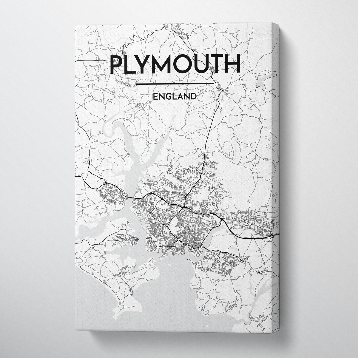 Plymouth City Map Canvas Wrap - Point Two Design - Black &amp; White Print